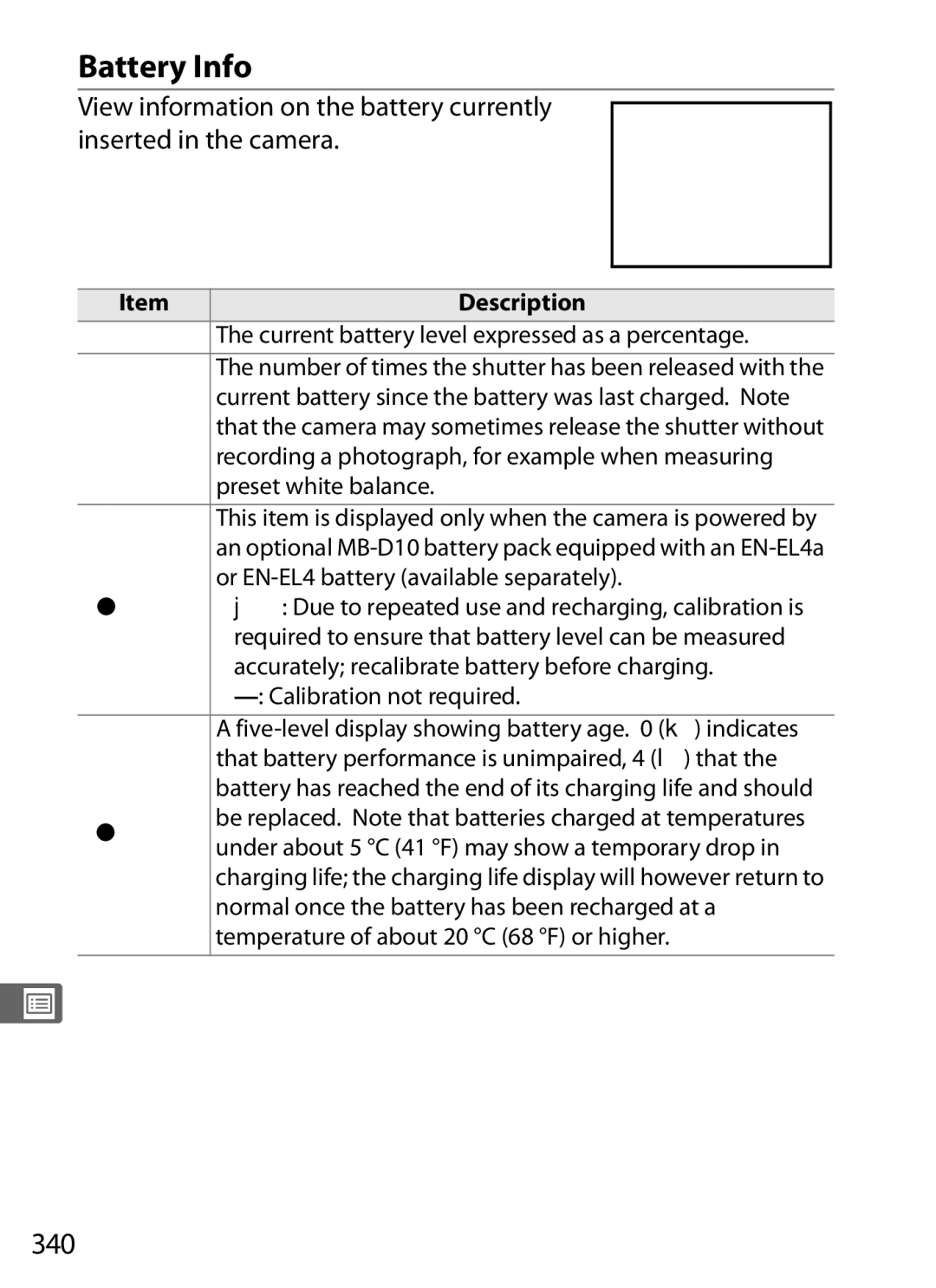 Nikon D7000BODY, D700OUTFIT, D700BODY, D7000KIT user manual Battery Info, 340 