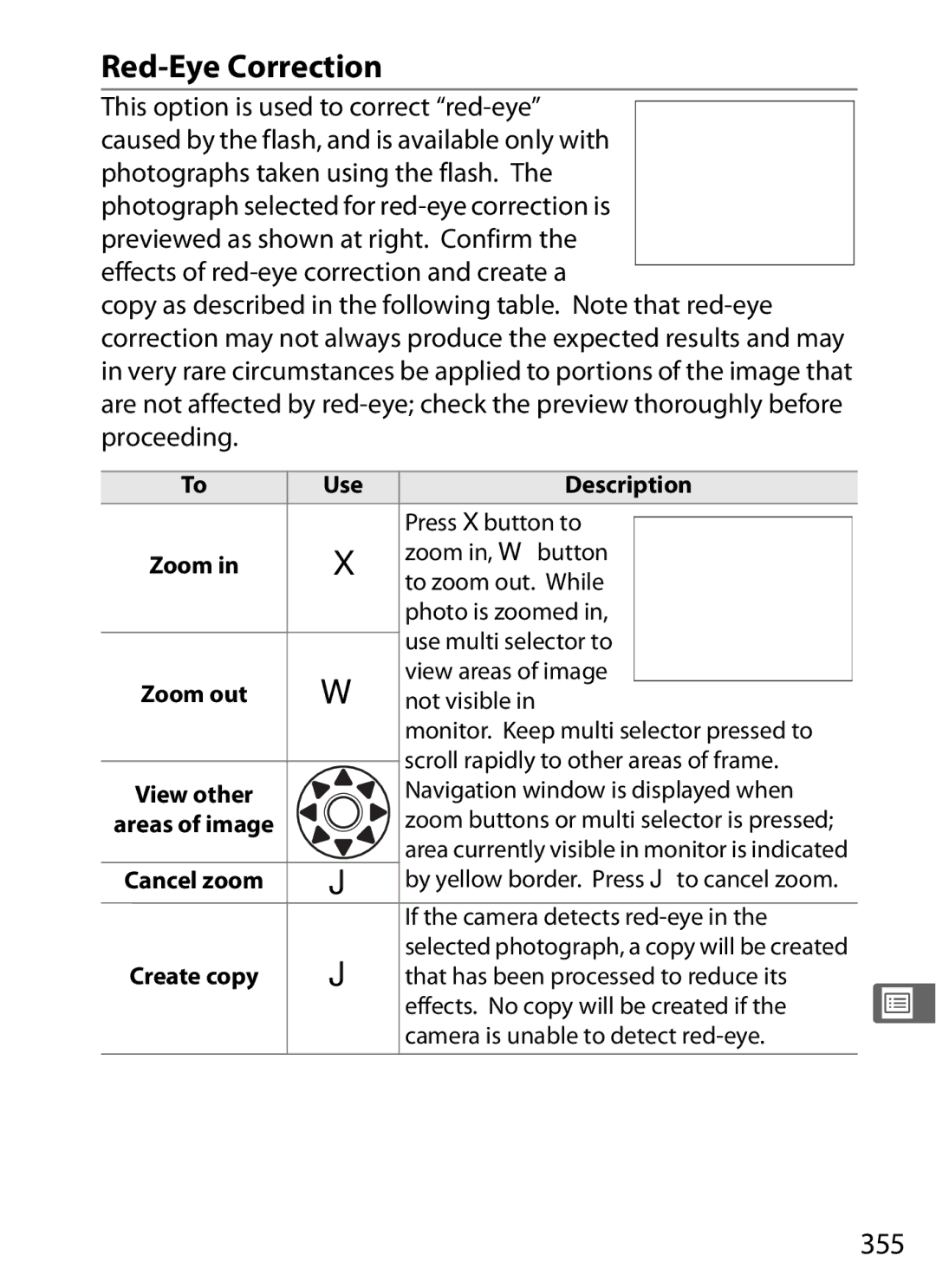 Nikon D700BODY, D700OUTFIT, D7000BODY Red-Eye Correction, 355, Press Xbutton to, Navigation window is displayed when 