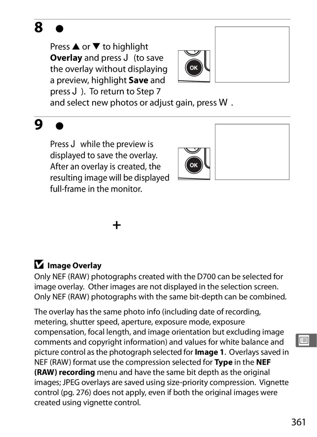 Nikon D7000KIT, D700OUTFIT, D700BODY, D7000BODY user manual Preview the overlay, Save the overlay, 361 