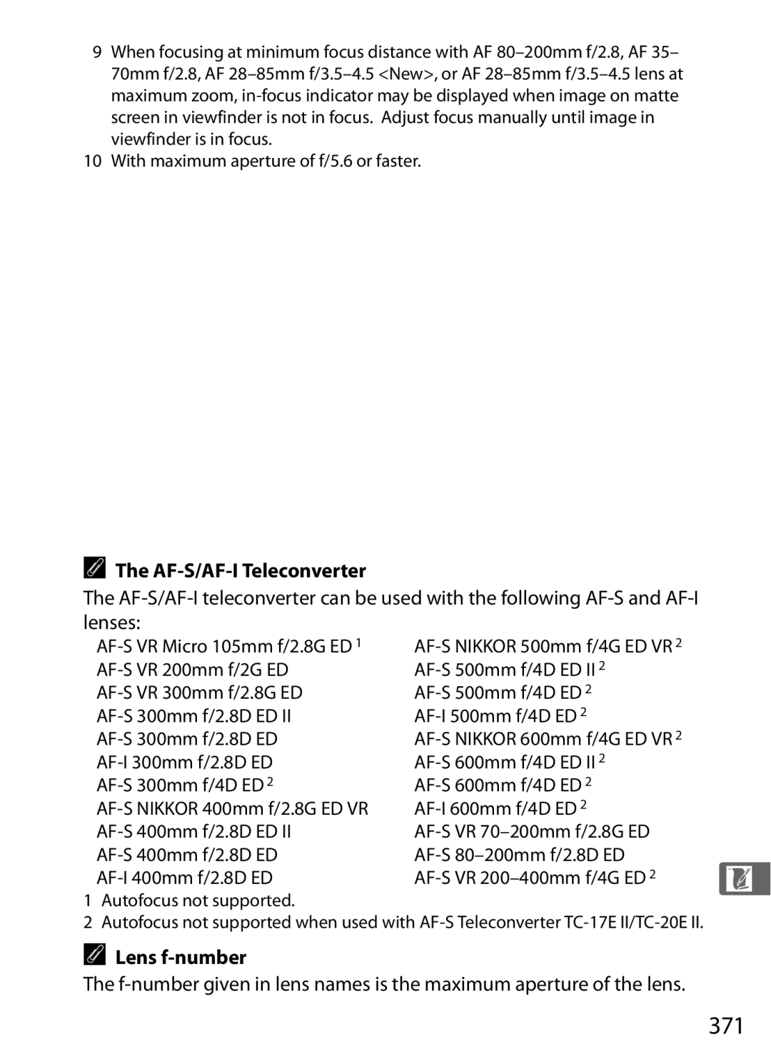 Nikon D700BODY, D700OUTFIT, D7000BODY, D7000KIT user manual 371, AF-S/AF-I Teleconverter, Lens f-number 