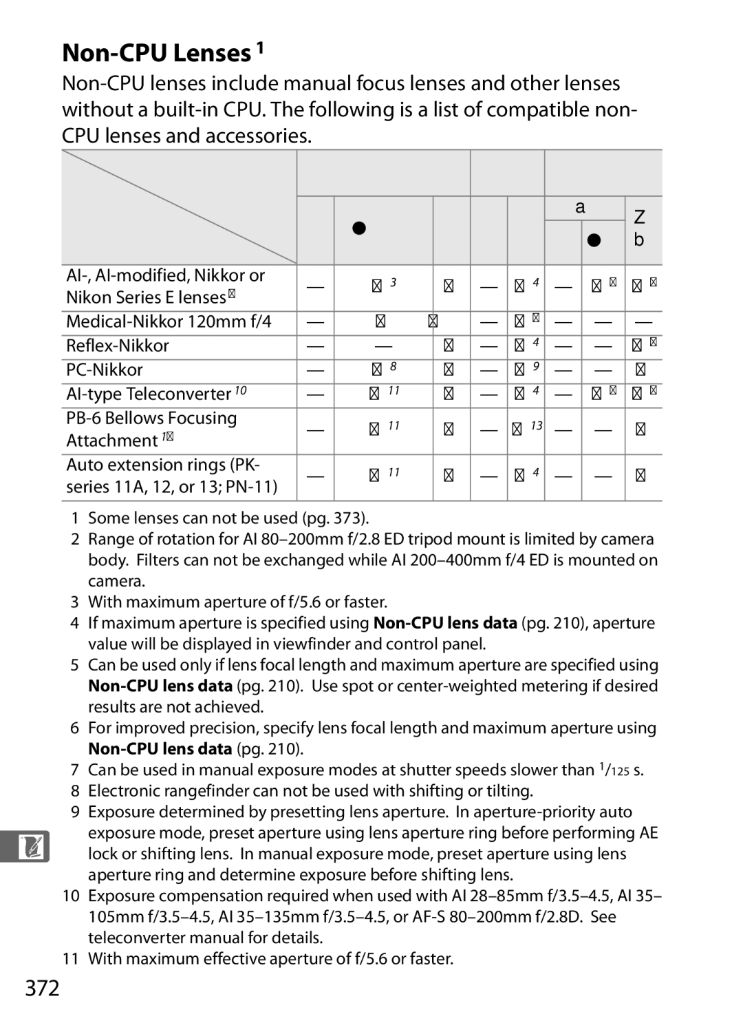 Nikon D7000BODY, D700OUTFIT, D700BODY, D7000KIT user manual Non-CPU Lenses, 372 