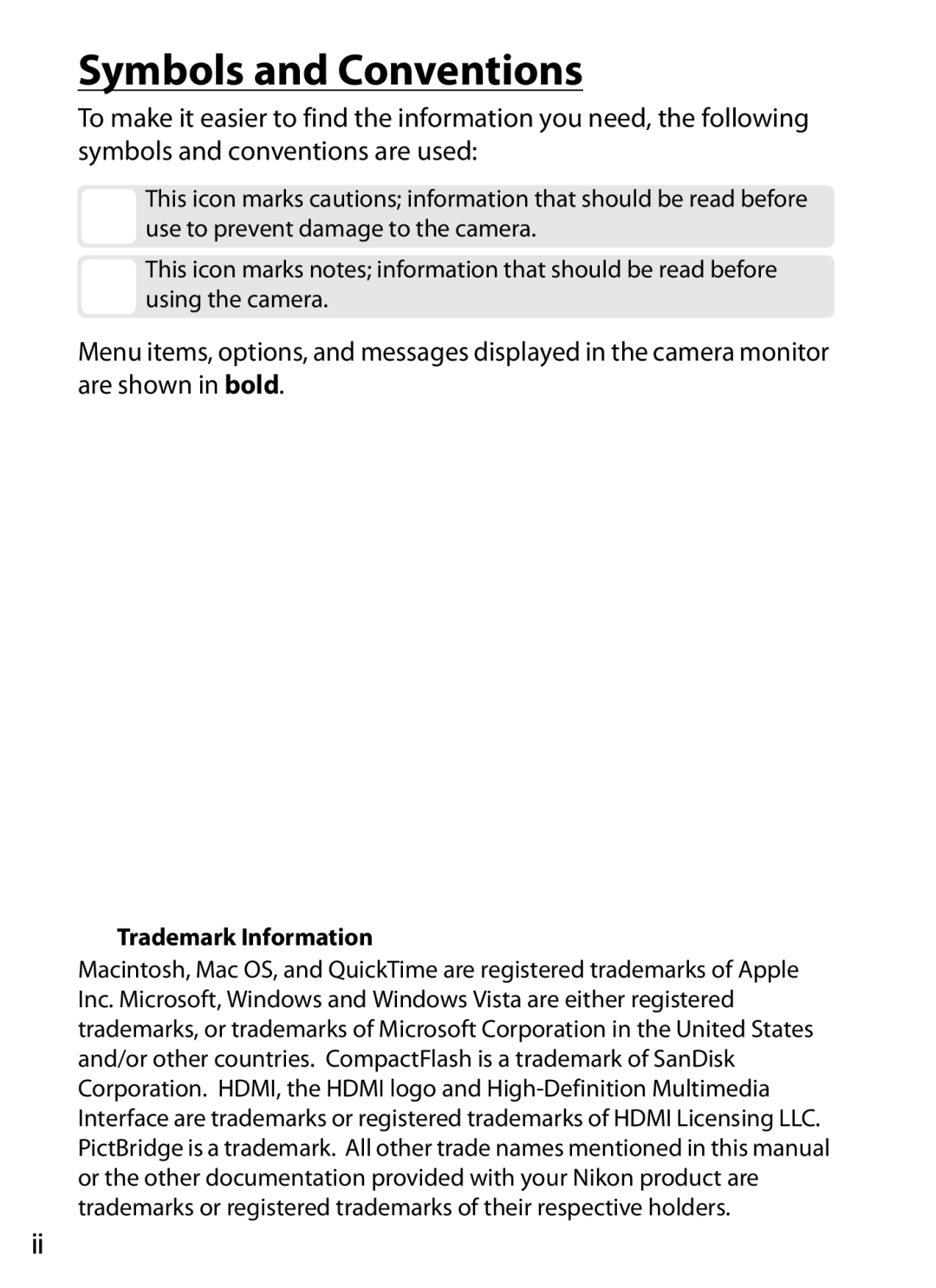 Nikon D700OUTFIT, D700BODY, D7000BODY, D7000KIT user manual Symbols and Conventions, Trademark Information 