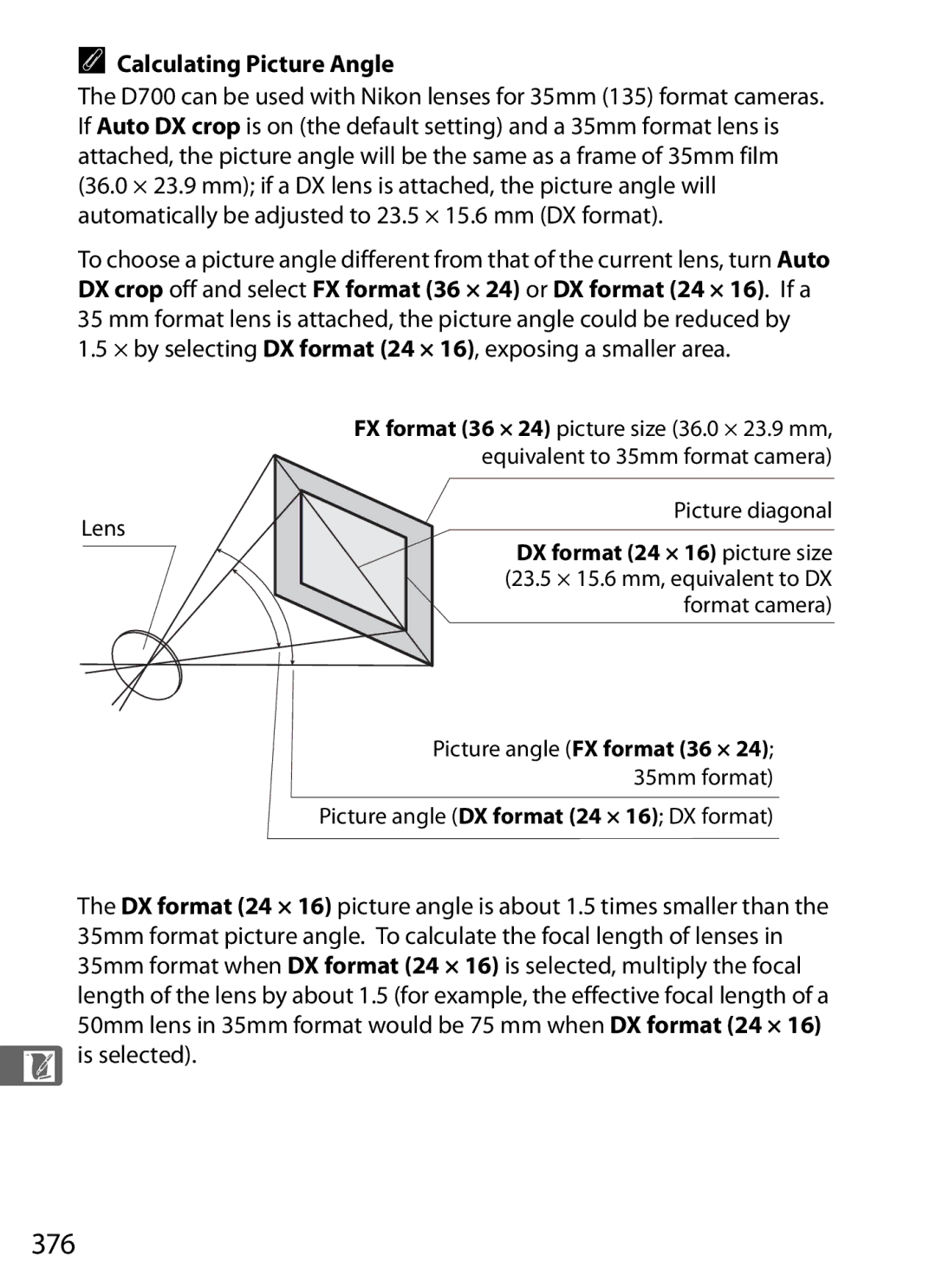 Nikon D7000BODY, D700OUTFIT, D700BODY, D7000KIT user manual 376, Calculating Picture Angle, Is selected 