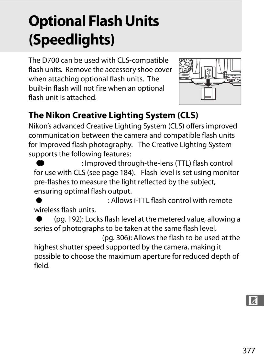 Nikon D7000KIT, D700OUTFIT, D700BODY, D7000BODY user manual Nikon Creative Lighting System CLS, 377 