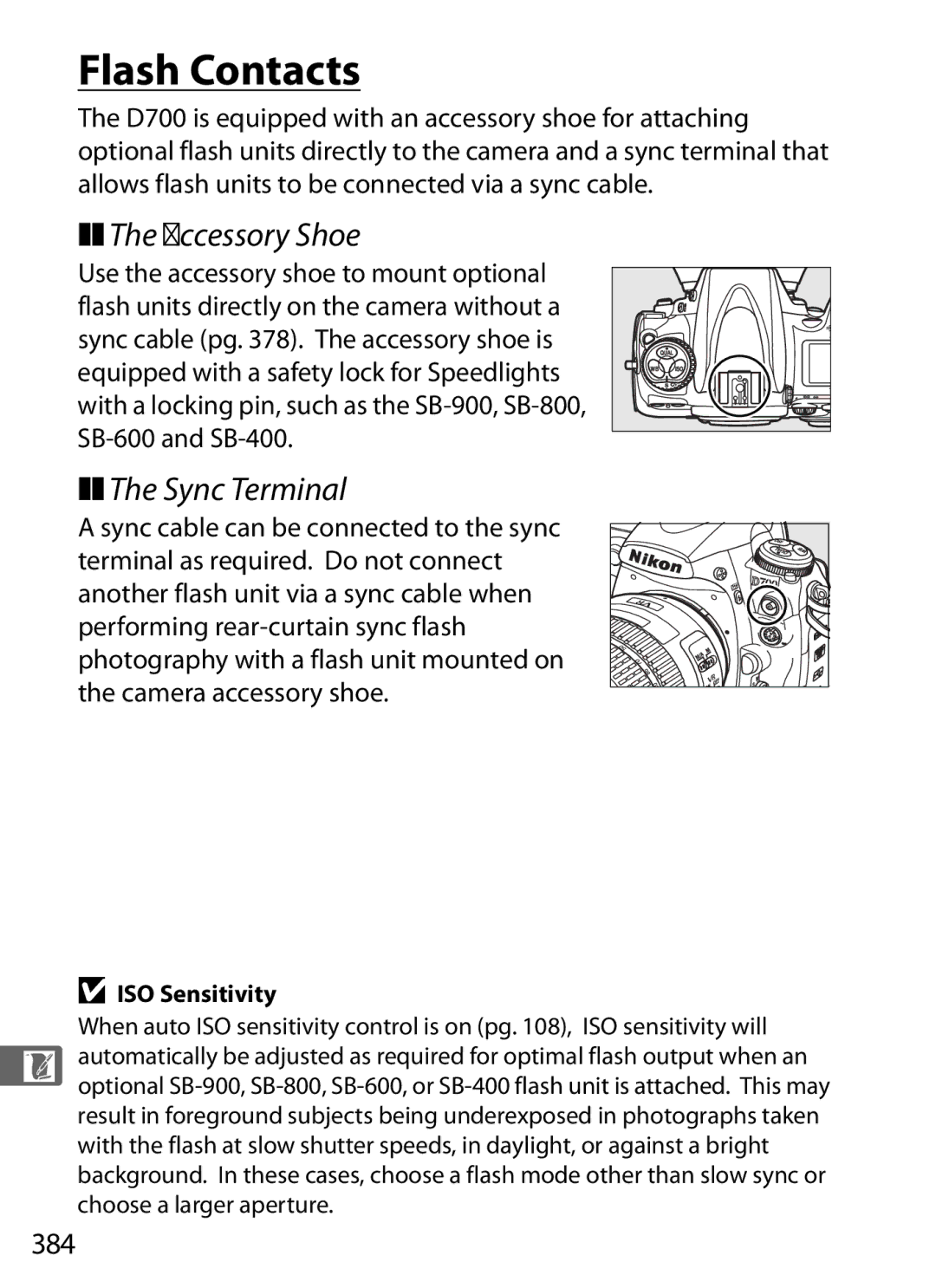 Nikon D7000BODY, D700OUTFIT, D700BODY, D7000KIT user manual Flash Contacts, Accessory Shoe, Sync Terminal, 384 