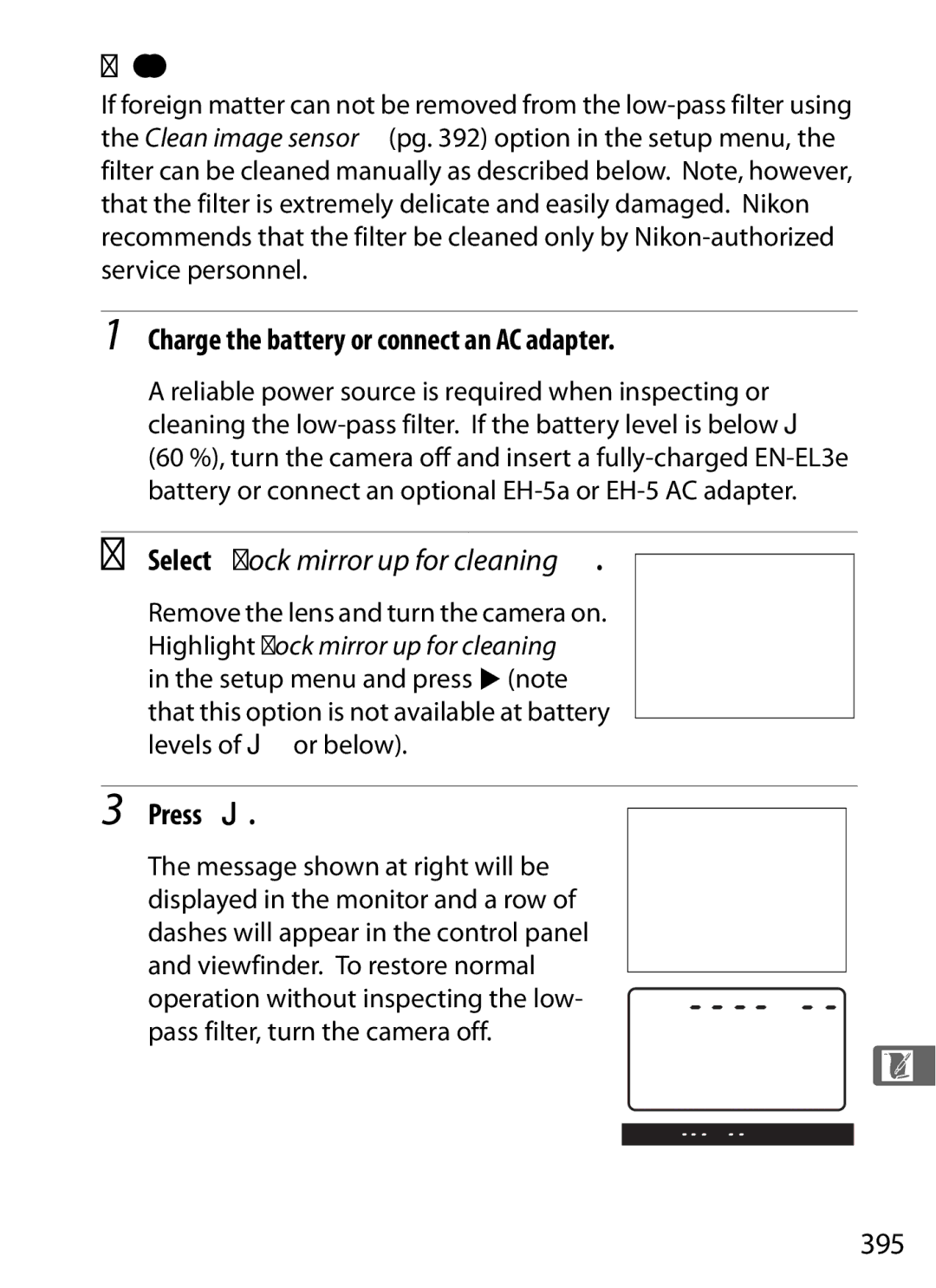 Nikon D700BODY Manual Cleaning, Charge the battery or connect an AC adapter, Select Lock mirror up for cleaning, 395 