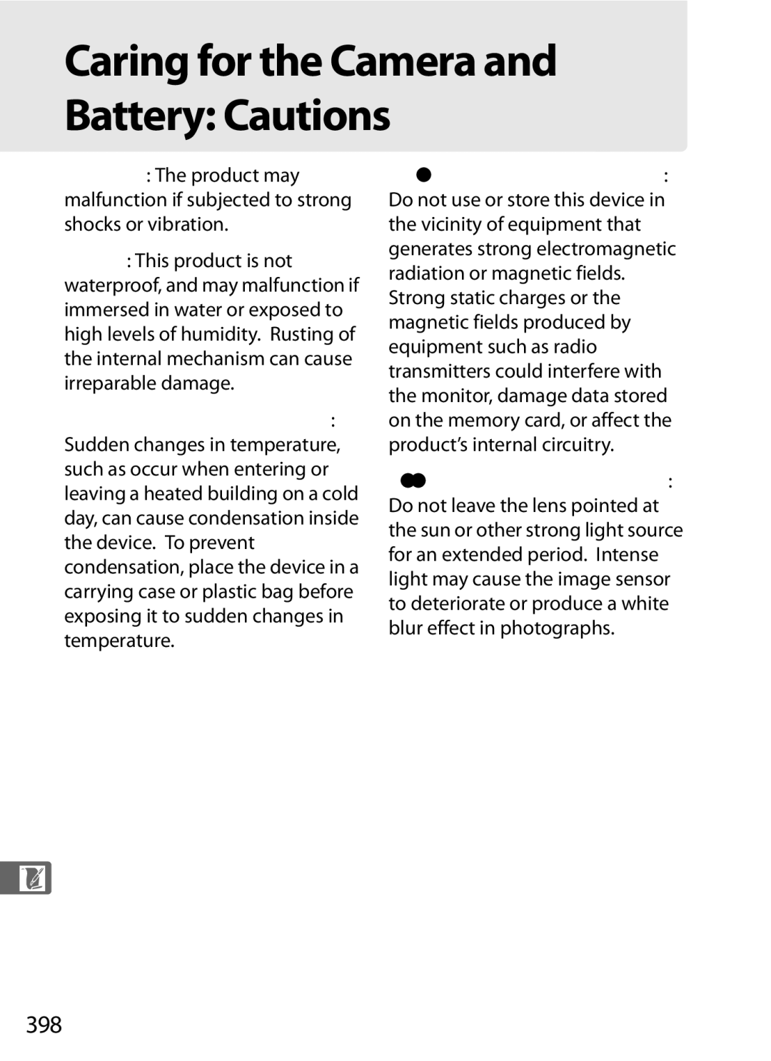 Nikon D700OUTFIT, D700BODY, D7000BODY, D7000KIT user manual Caring for the Camera and Battery Cautions, 398 