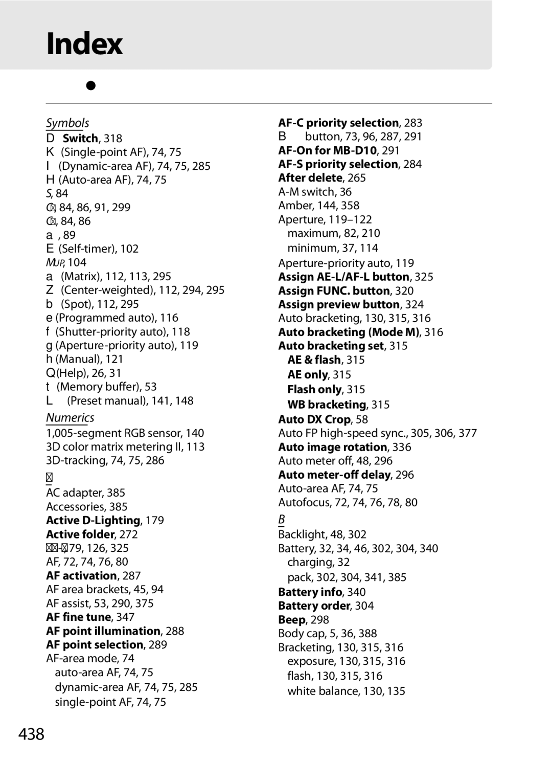 Nikon D700OUTFIT, D700BODY, D7000BODY, D7000KIT user manual Index, 438, Symbols, Numerics 