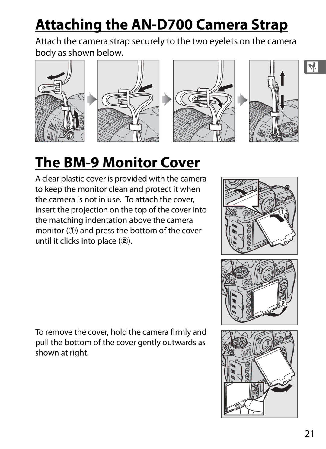 Nikon D7000KIT, D700OUTFIT, D700BODY, D7000BODY user manual Attaching the AN-D700 Camera Strap, BM-9 Monitor Cover 