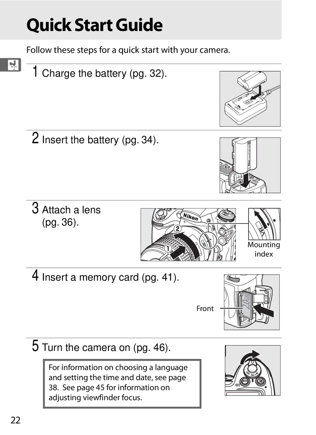 Nikon D700OUTFIT, D700BODY Quick Start Guide, Charge the battery pg Insert the battery pg, Insert a memory card pg 