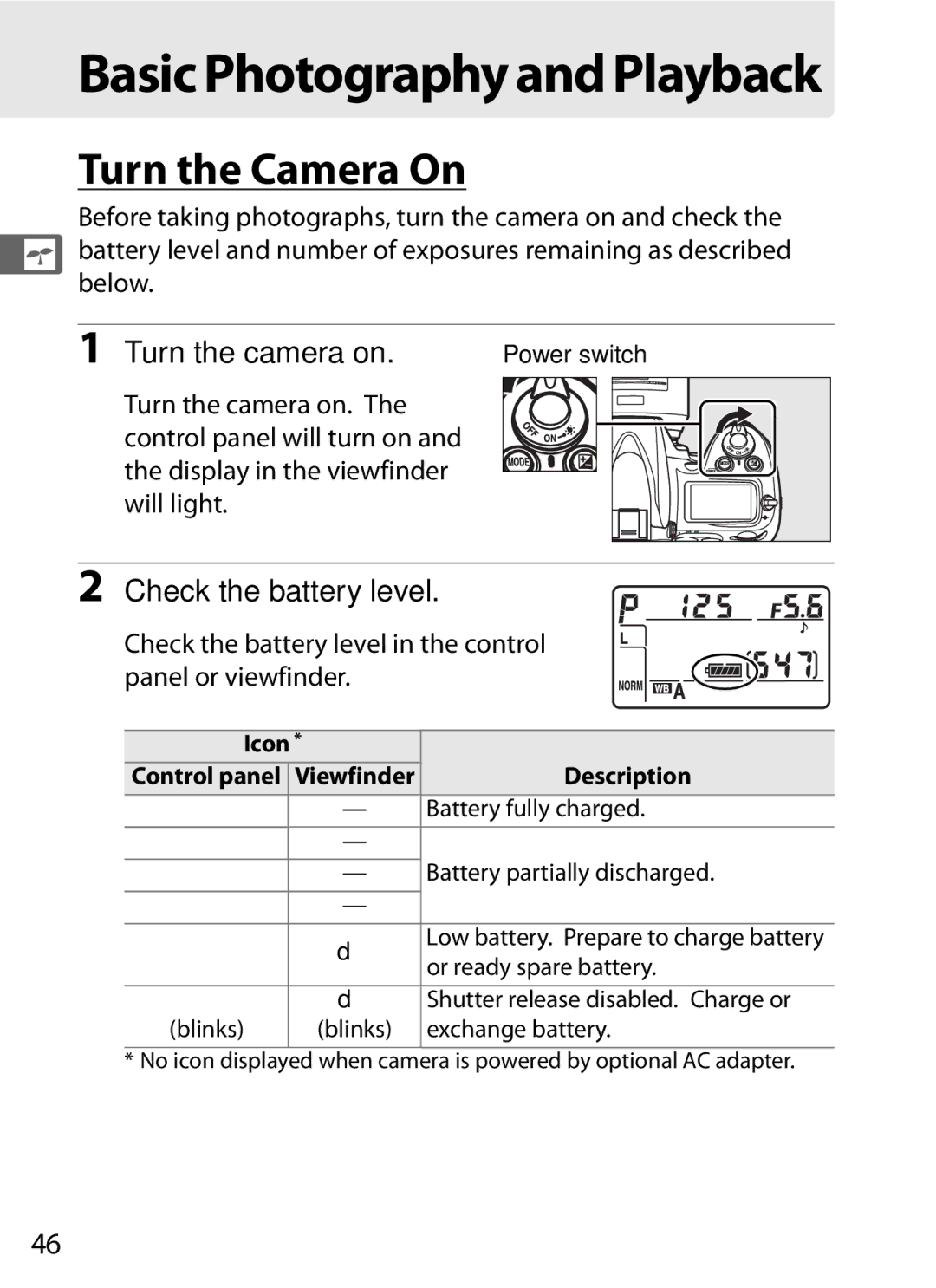 Nikon D700OUTFIT, D700BODY, D7000BODY, D7000KIT Turn the Camera On, Check the battery level, Below, Or ready spare battery 