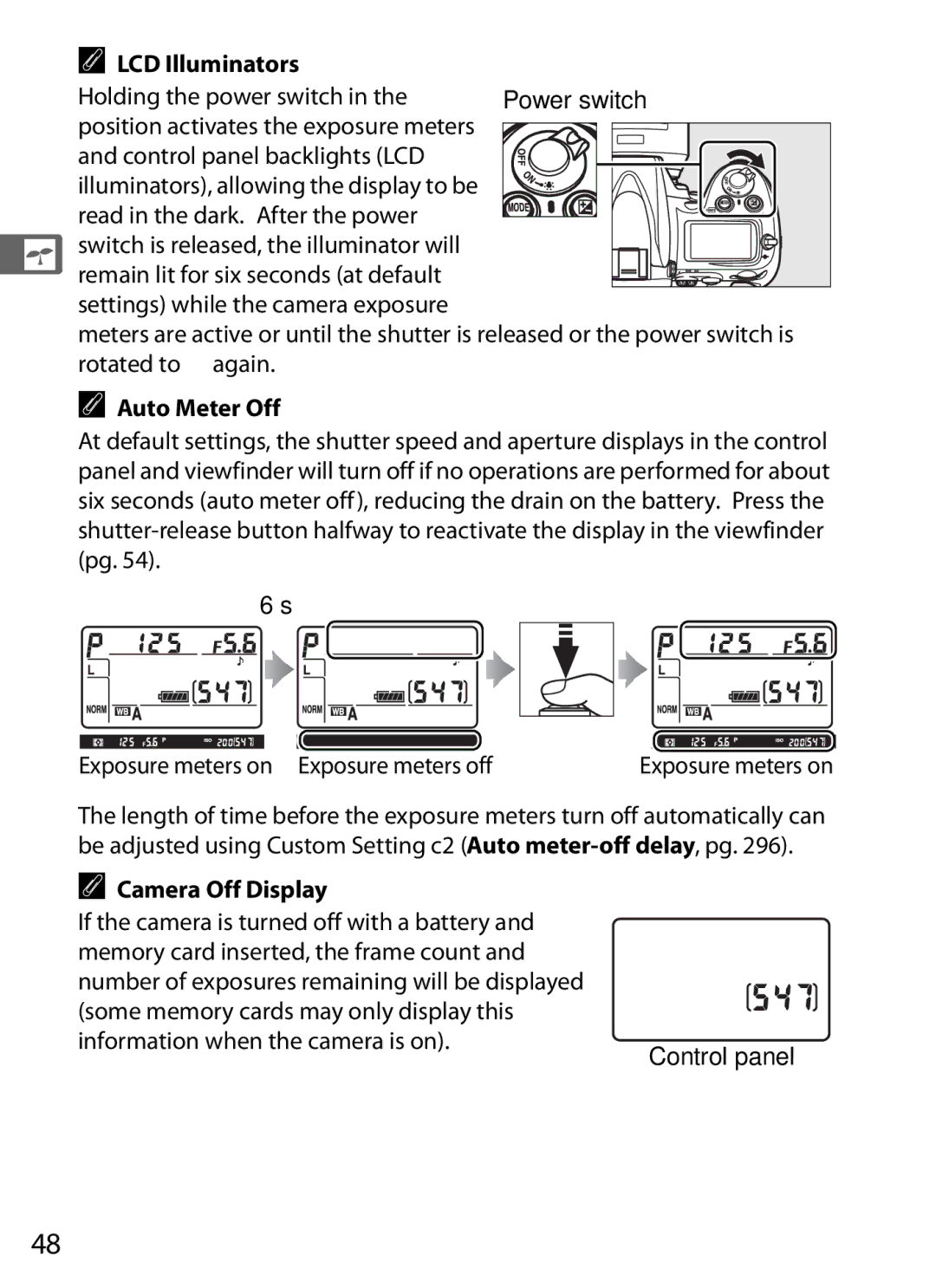 Nikon D7000BODY, D700OUTFIT, D700BODY, D7000KIT user manual LCD Illuminators, Auto Meter Off, Camera Off Display 