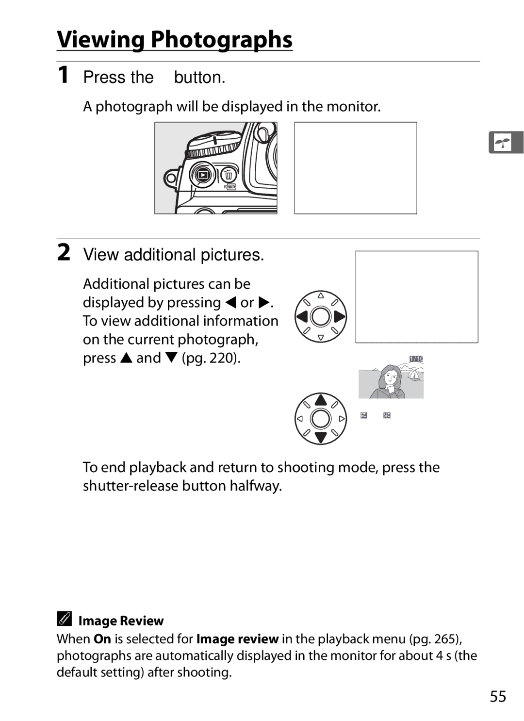 Nikon D700BODY, D700OUTFIT, D7000BODY Viewing Photographs, Press the Kbutton, View additional pictures, Image Review 