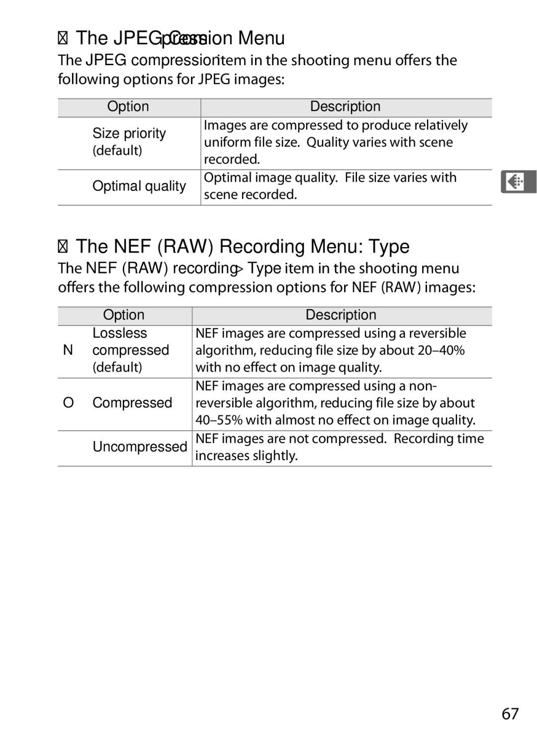 Nikon D700BODY, D700OUTFIT, D7000BODY, D7000KIT user manual Jpeg Compression Menu, NEF RAW Recording Menu Type 