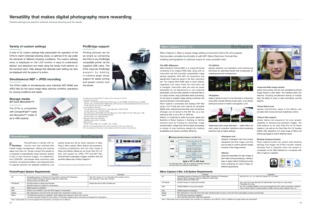 Nikon D70s manual Versatility that makes digital photography more rewarding, Variety of custom settings, PictBridge support 