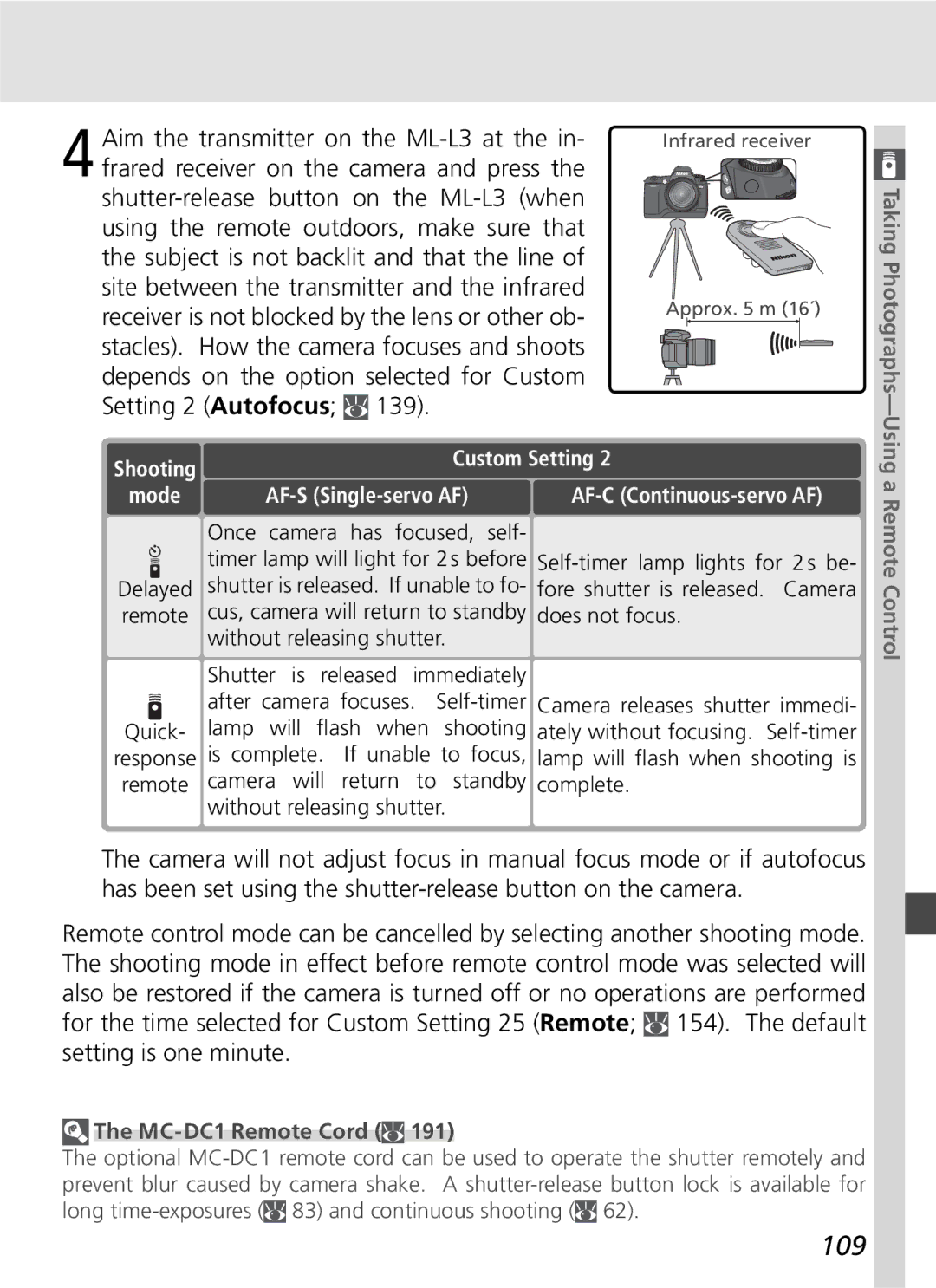 Nikon D70SBODY manual 109, Custom Setting, AF-S Single-servo AF, MC-DC1 Remote Cord 