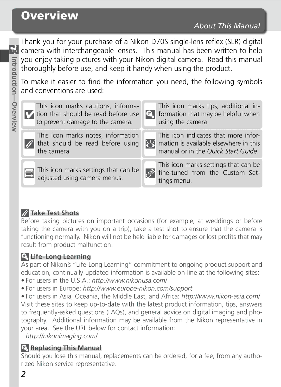 Nikon D70SBODY manual Overview, About This Manual, Take Test Shots, Life-Long Learning, Replacing This Manual 