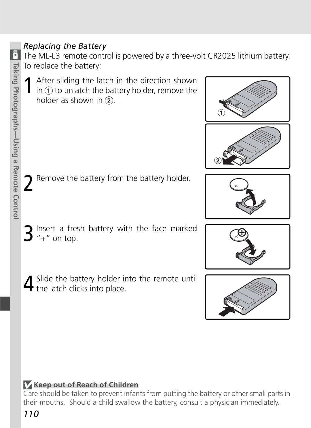 Nikon D70SBODY manual 110, Replacing the Battery, Keep out of Reach of Children 