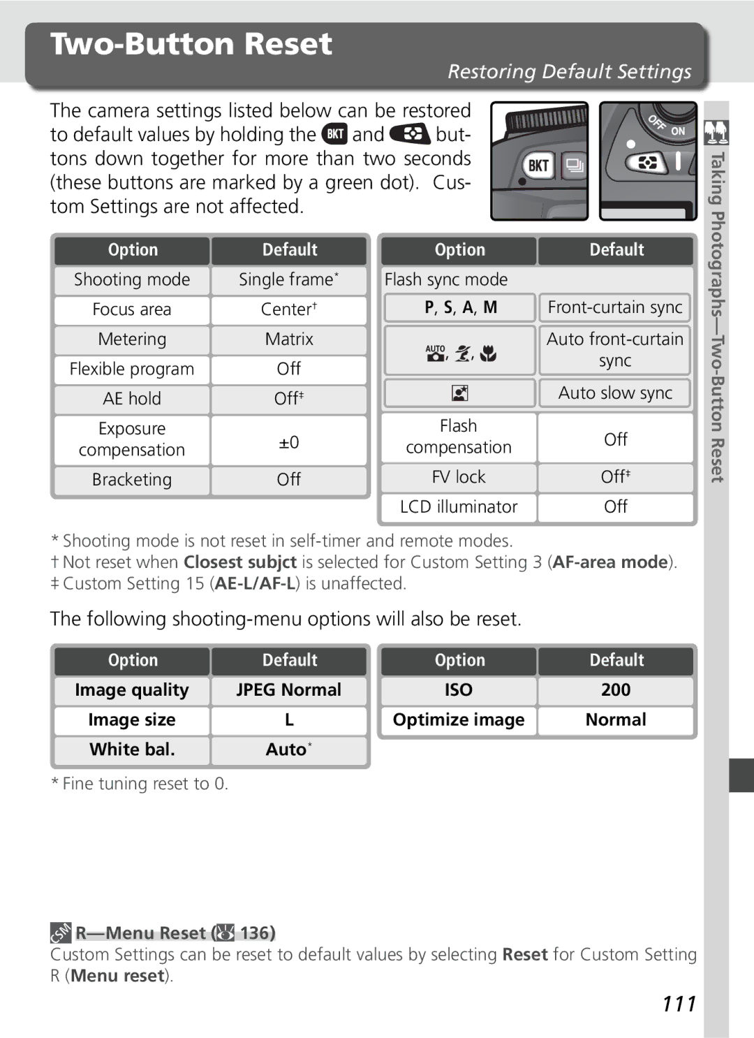 Nikon D70SBODY manual Two-Button Reset, 111, Restoring Default Settings, Following shooting-menu options will also be reset 