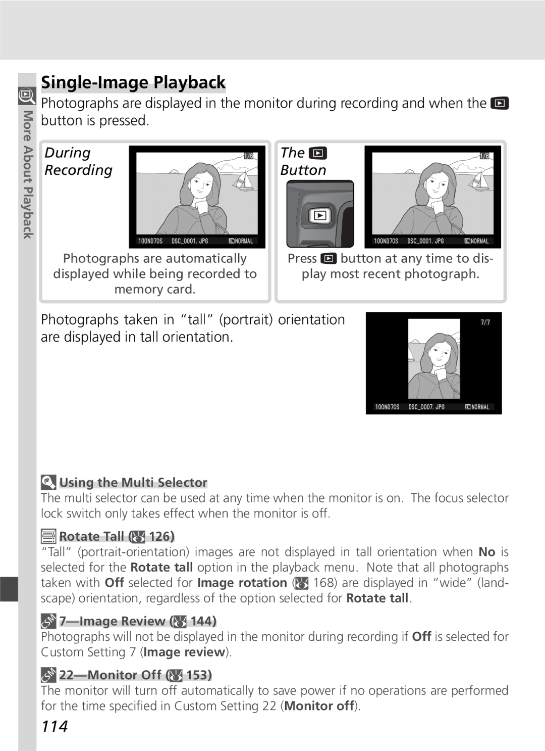 Nikon D70SBODY manual Single-Image Playback, 114 