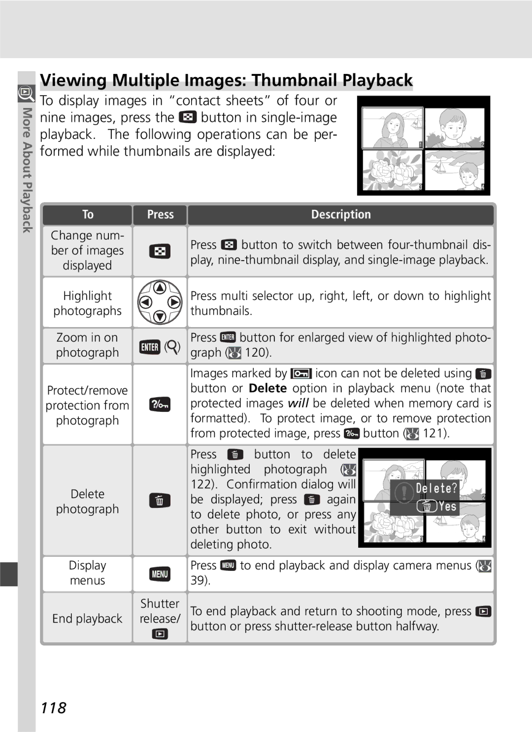 Nikon D70SBODY manual Viewing Multiple Images Thumbnail Playback, 118, To To, Highlight Photographs Zoom in on 