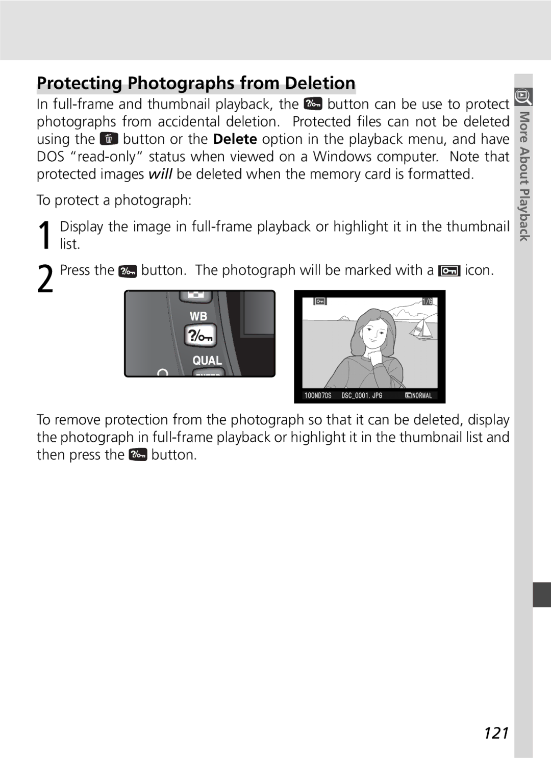 Nikon D70SBODY manual Protecting Photographs from Deletion, 121 