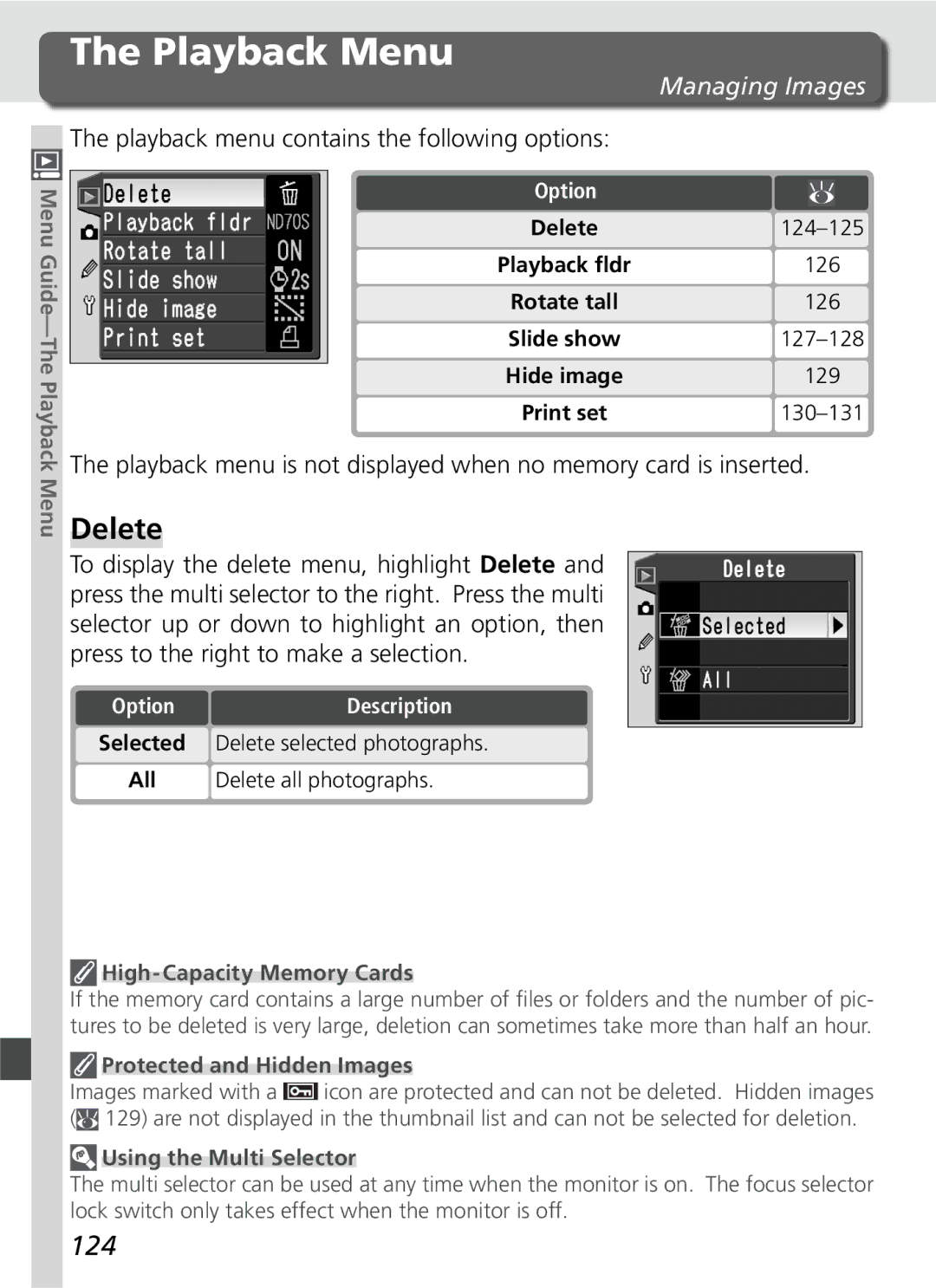 Nikon D70SBODY manual Playback Menu, 124, All Delete all photographs 