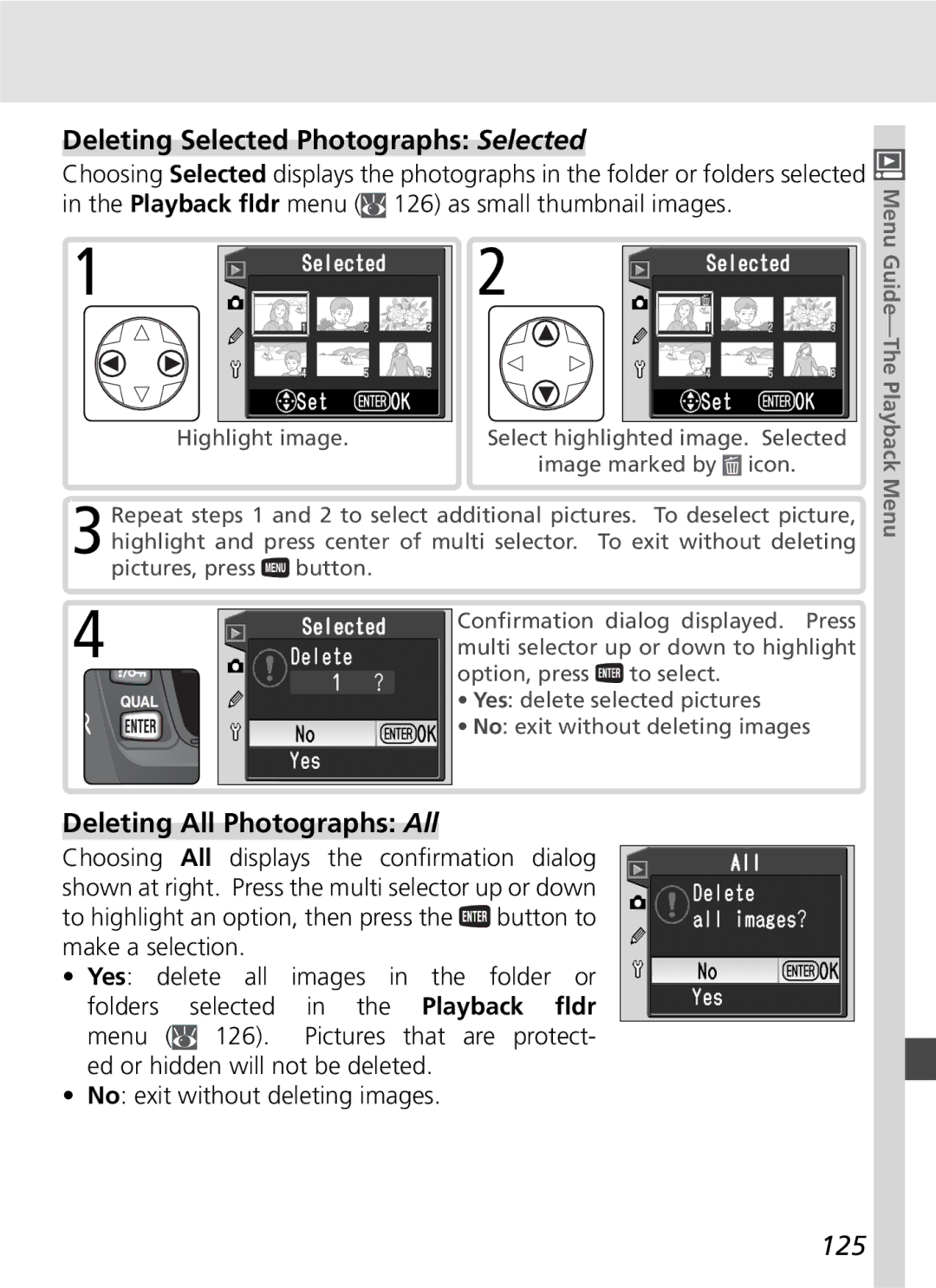 Nikon D70SBODY manual Deleting Selected Photographs Selected, Deleting All Photographs All, 125 