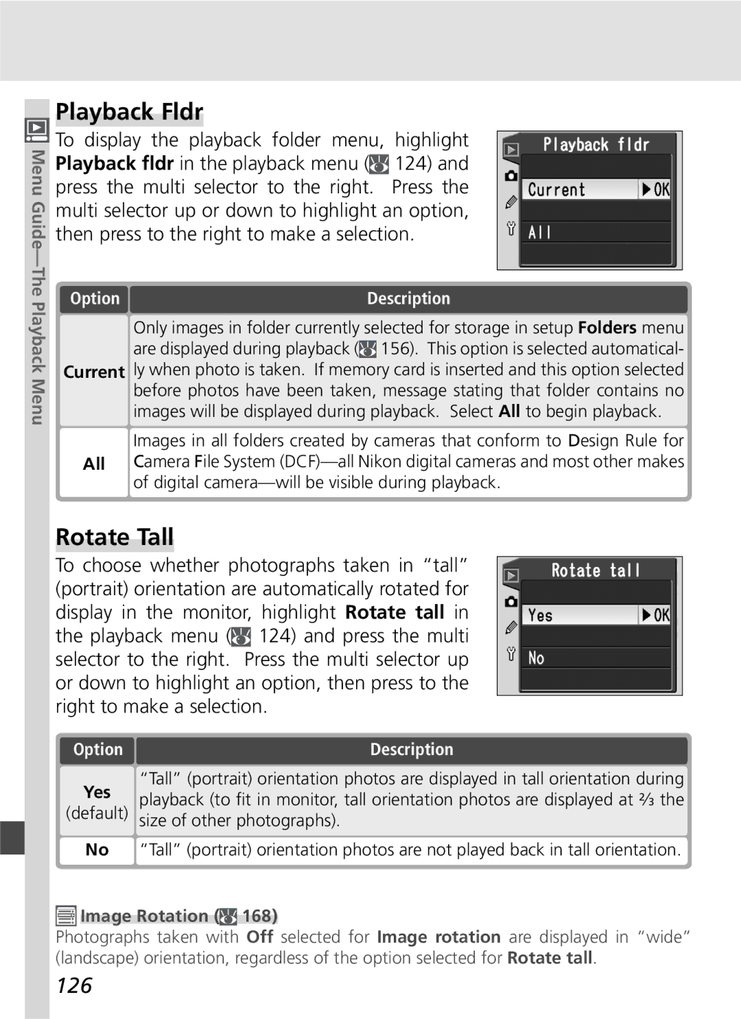 Nikon D70SBODY manual Playback Fldr, Rotate Tall, 126, Digital camera-will be visible during playback, Image Rotation 