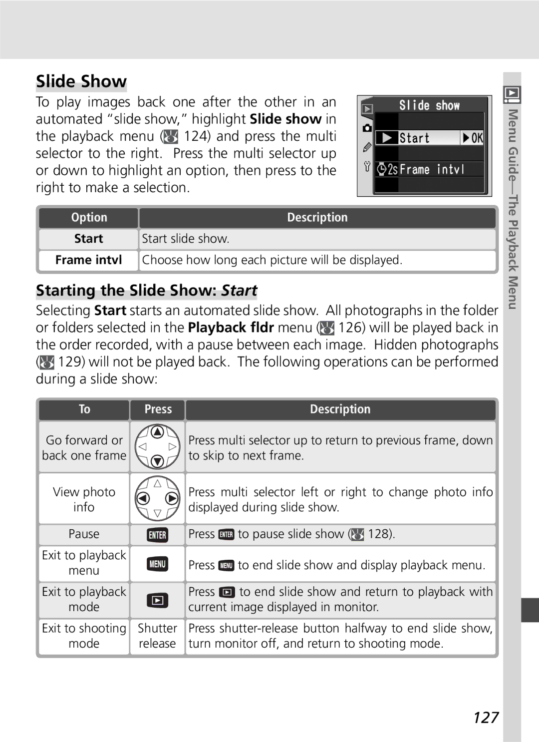 Nikon D70SBODY manual Starting the Slide Show Start, 127 