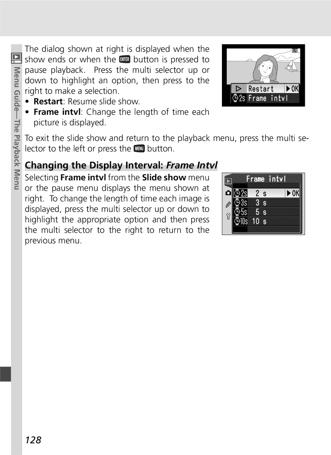 Nikon D70SBODY manual Changing the Display Interval Frame Intvl, 128 