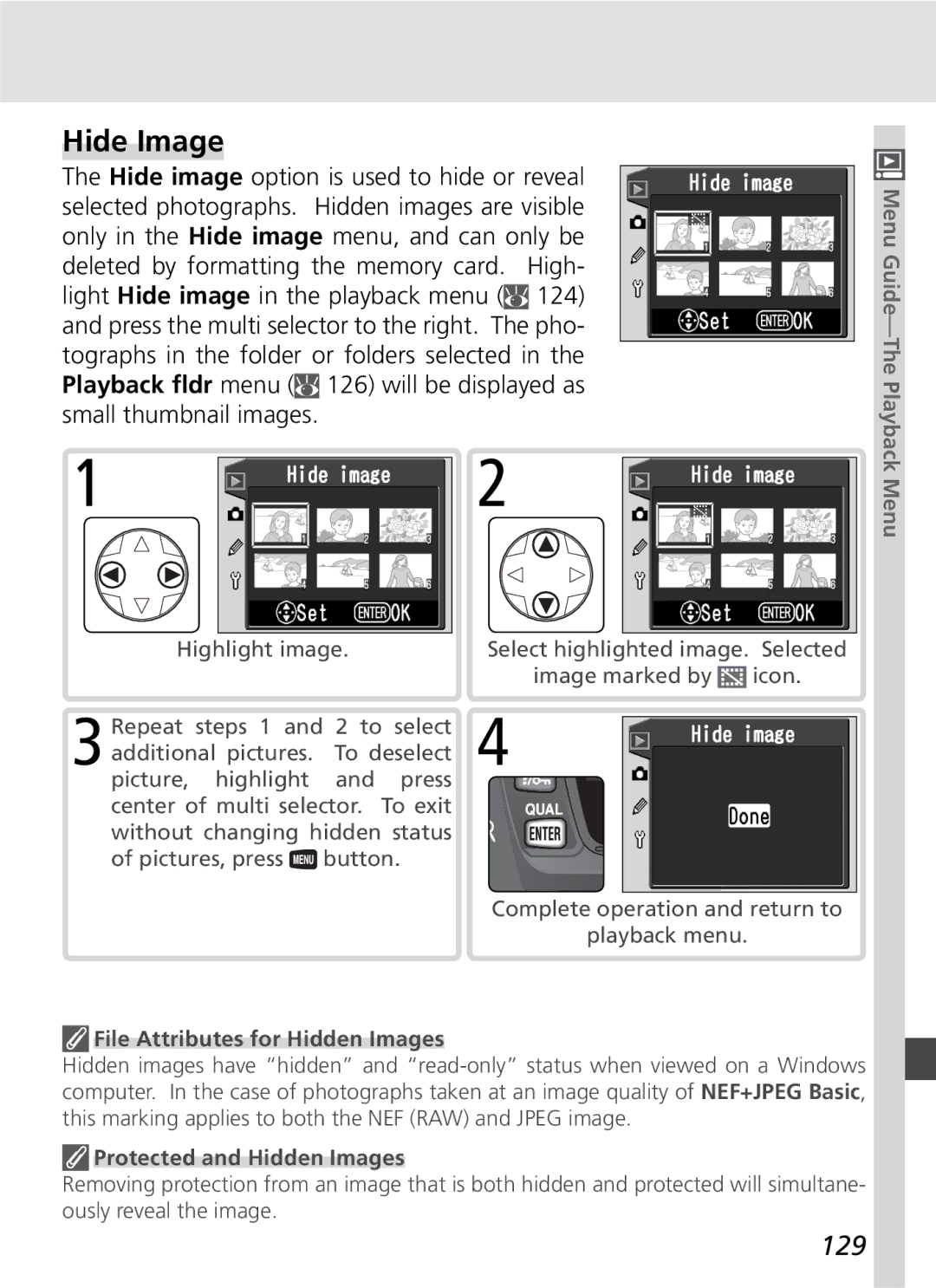 Nikon D70SBODY manual Hide Image, 129, File Attributes for Hidden Images 