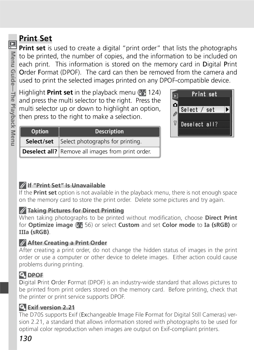 Nikon D70SBODY manual Print Set, 130, OptionDescription 