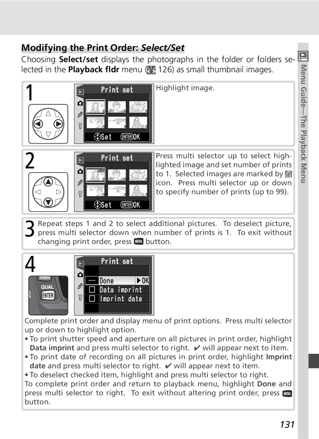 Nikon D70SBODY manual Modifying the Print Order Select/Set, 131 