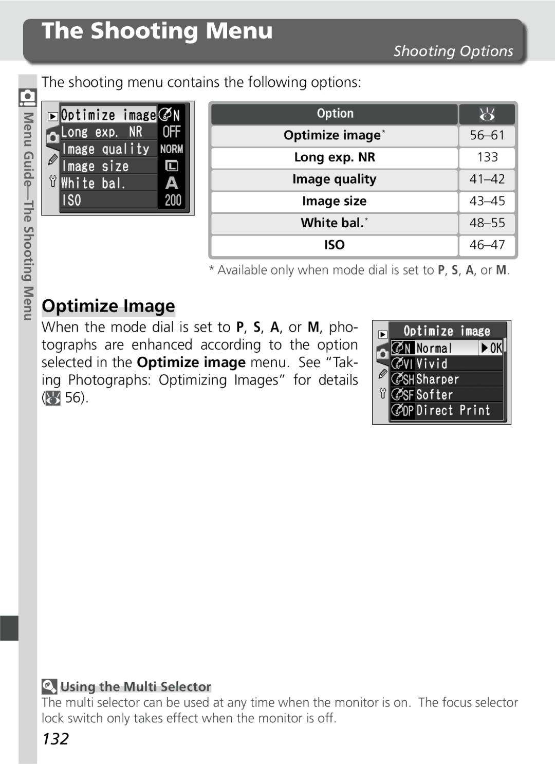 Nikon D70SBODY manual Shooting Menu, Optimize Image, 132, Shooting Options, Shooting menu contains the following options 