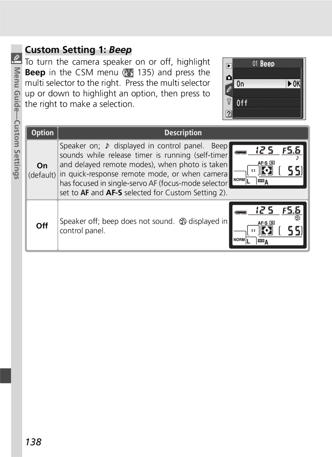 Nikon D70SBODY Custom Setting 1 Beep, 138, Set to AF and AF-Sselected for Custom Setting, Speaker off beep does not sound 