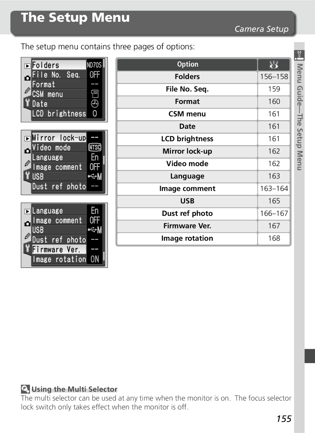 Nikon D70SBODY manual Setup Menu, 155, Setup menu contains three pages of options, Folders 