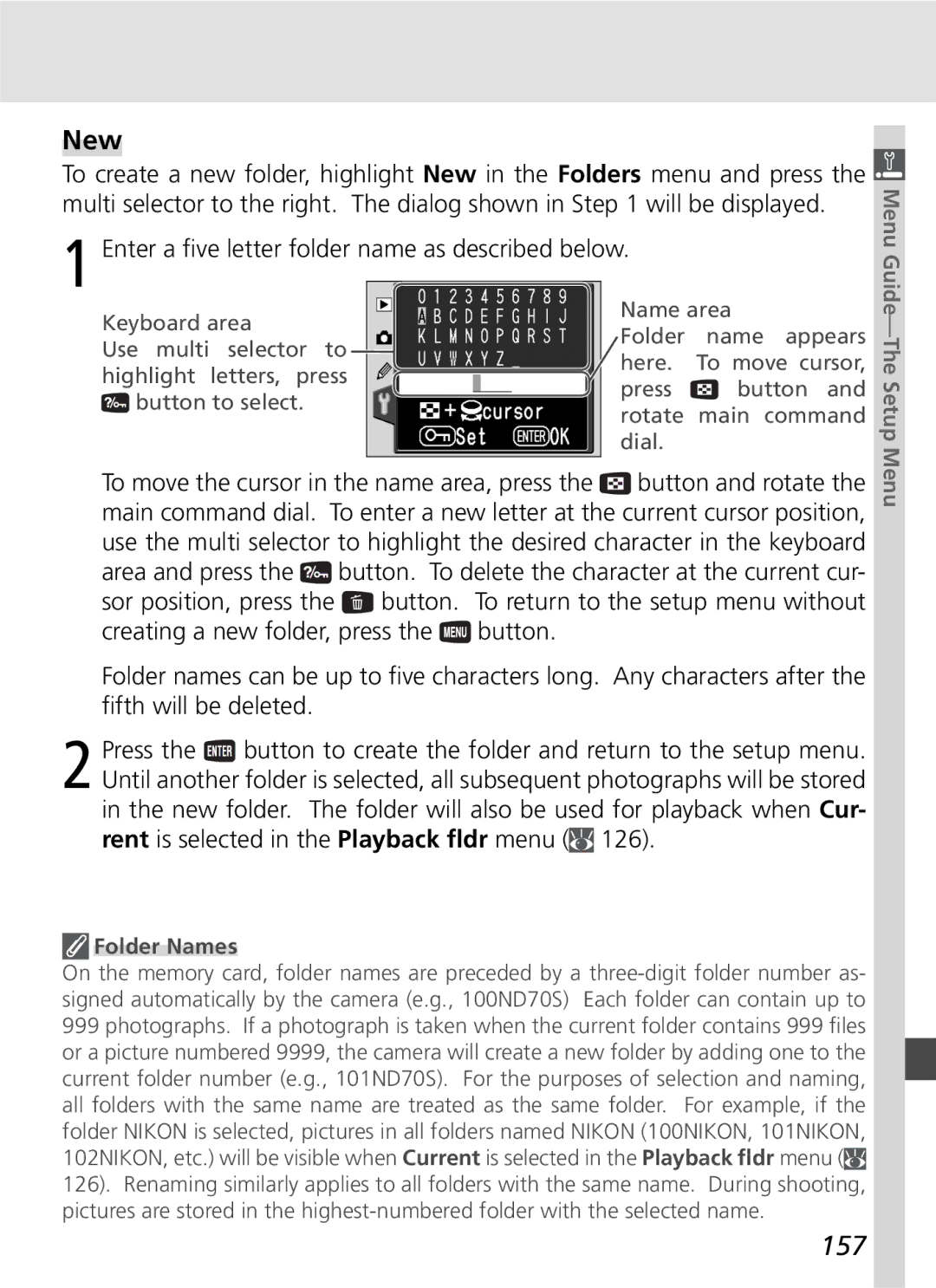 Nikon D70SBODY manual New, 157, Folder Names 