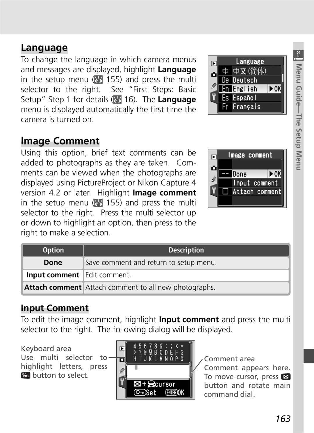 Nikon D70SBODY manual Language, Image Comment, Input Comment, 163, Input comment Edit comment 