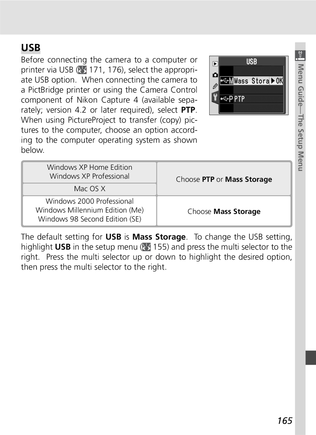 Nikon D70SBODY manual Usb, 165 