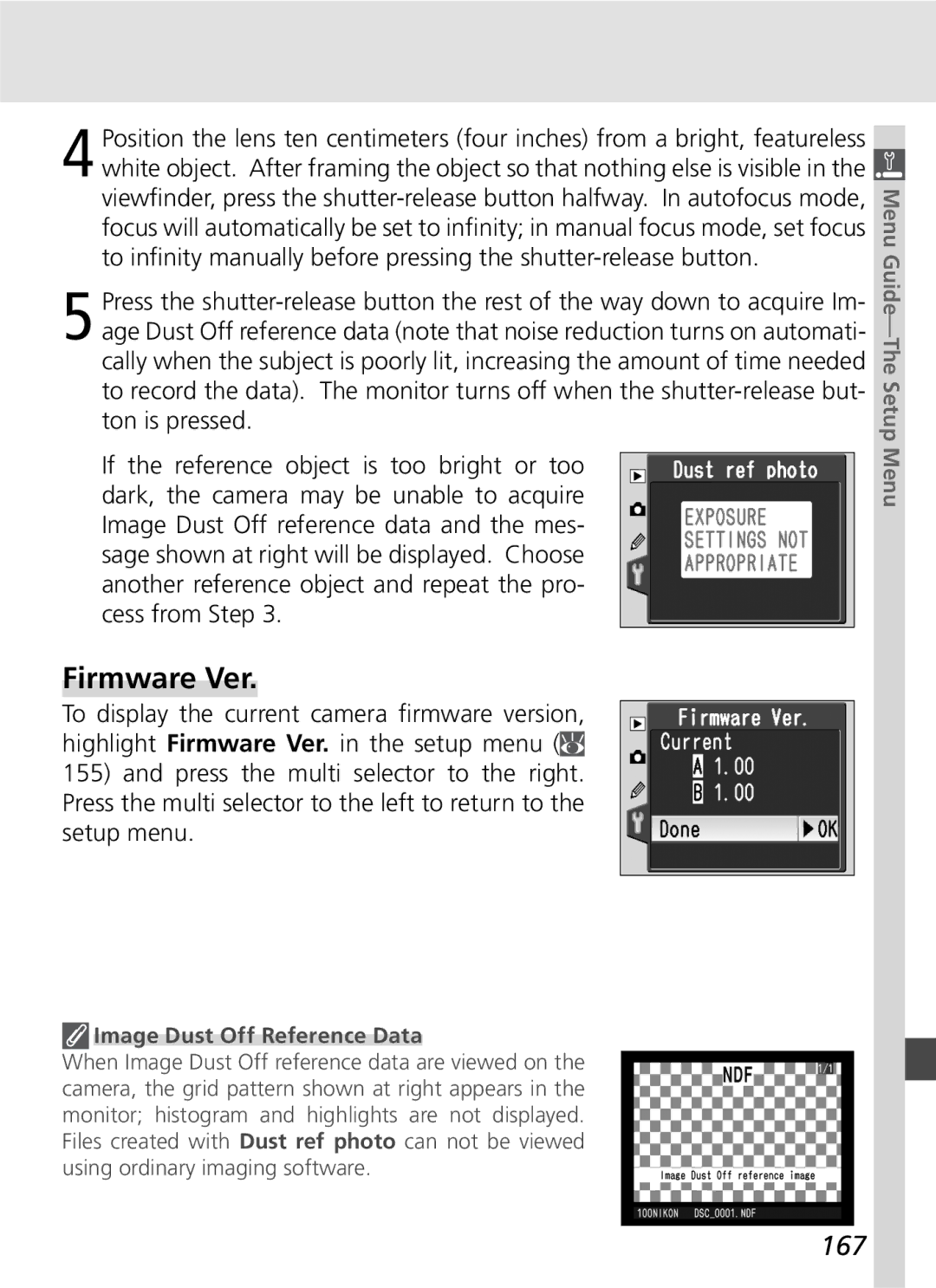 Nikon D70SBODY manual Firmware Ver, 167, Image Dust Off Reference Data 