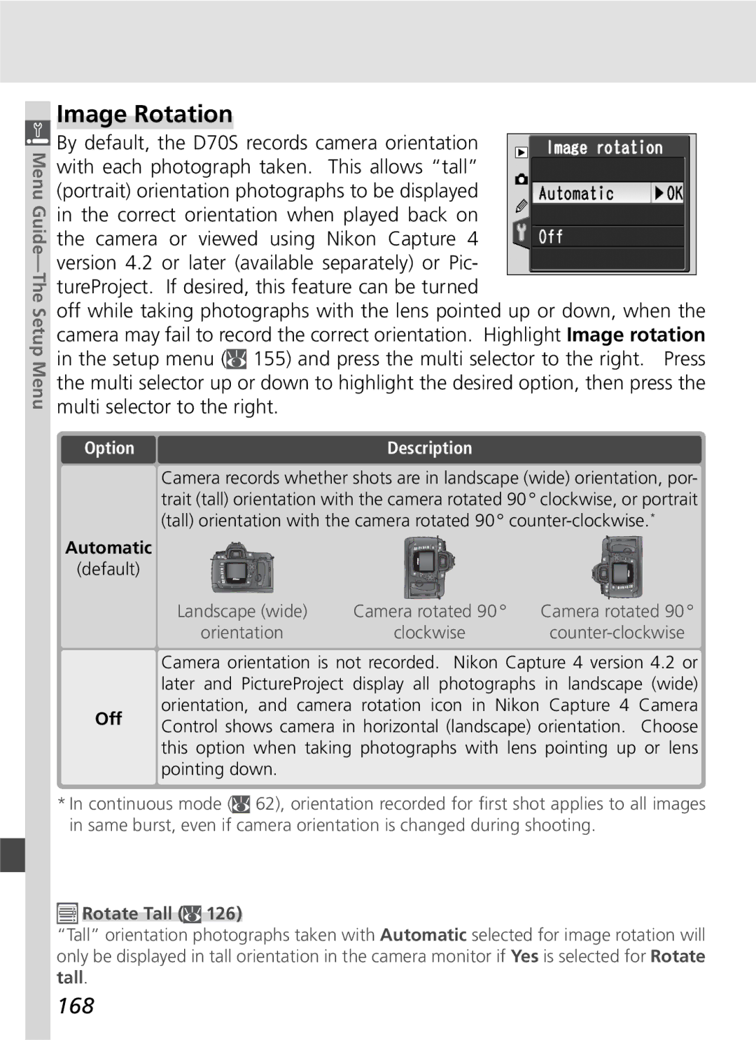 Nikon D70SBODY manual Image Rotation, 168, Automatic 