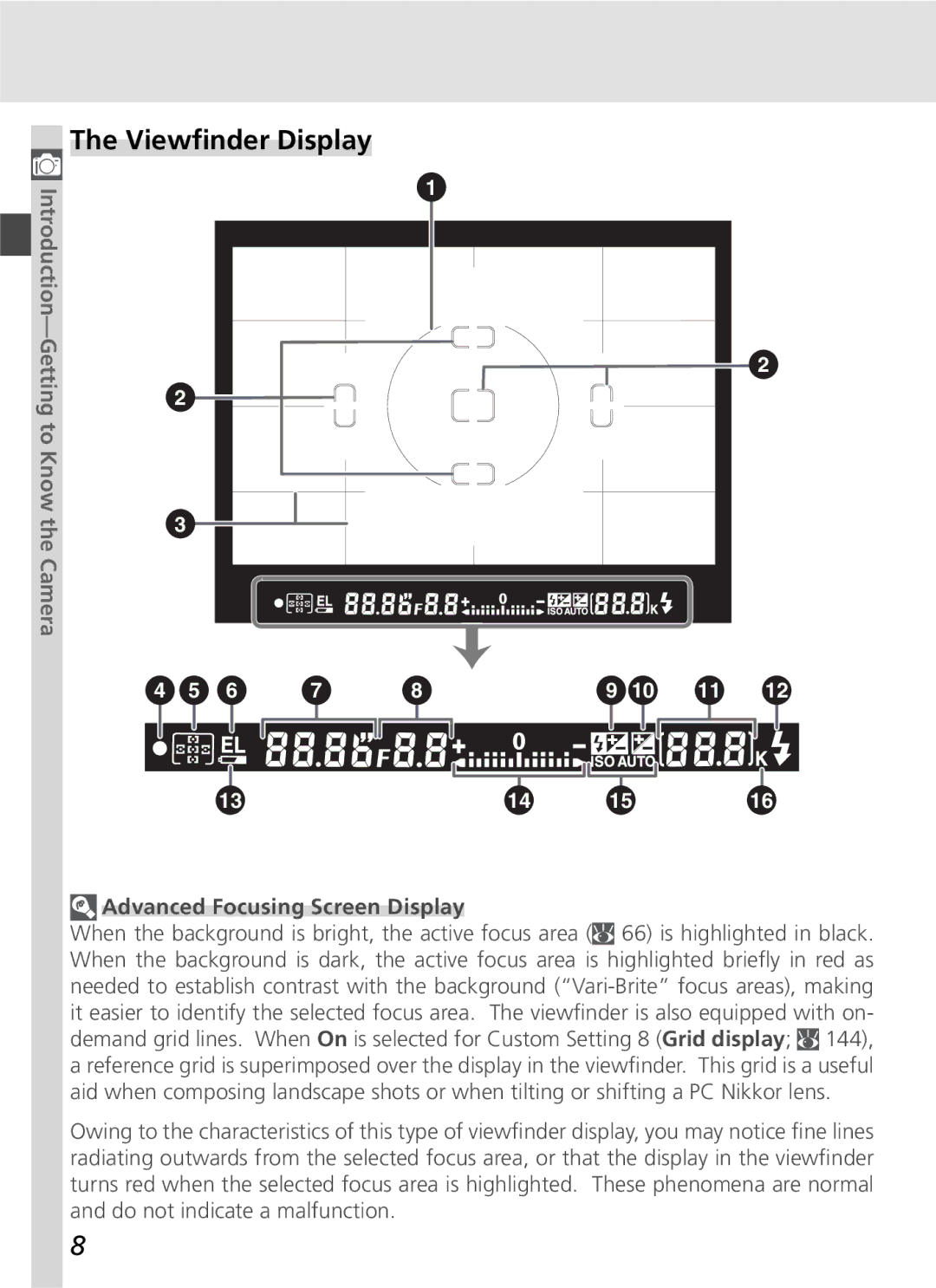 Nikon D70SBODY manual Viewﬁnder Display, Advanced Focusing Screen Display 