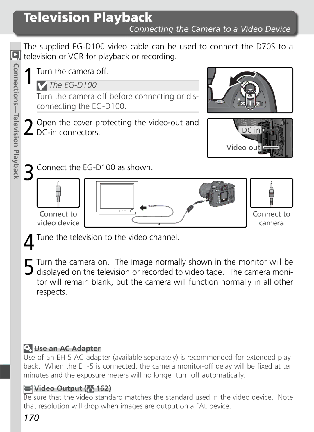 Nikon D70SBODY manual Television Playback, 170, Connecting the Camera to a Video Device, Connect the EG-D100 as shown 