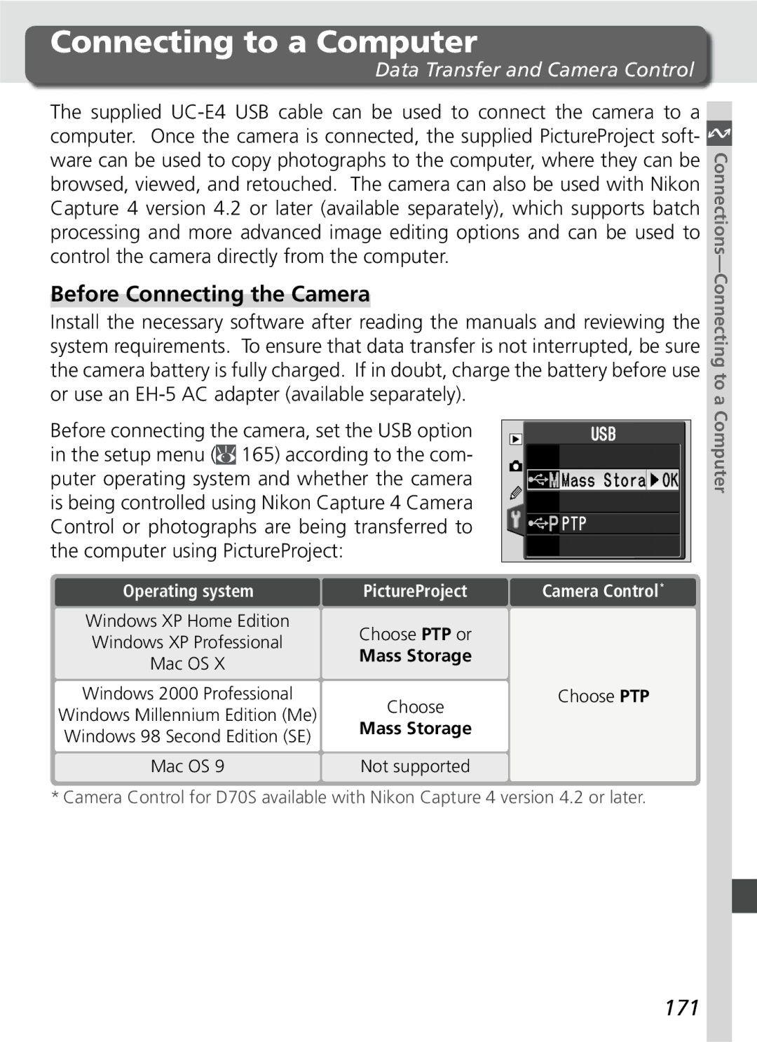 Nikon D70SBODY manual Connecting to a Computer, Before Connecting the Camera, 171, Data Transfer and Camera Control 