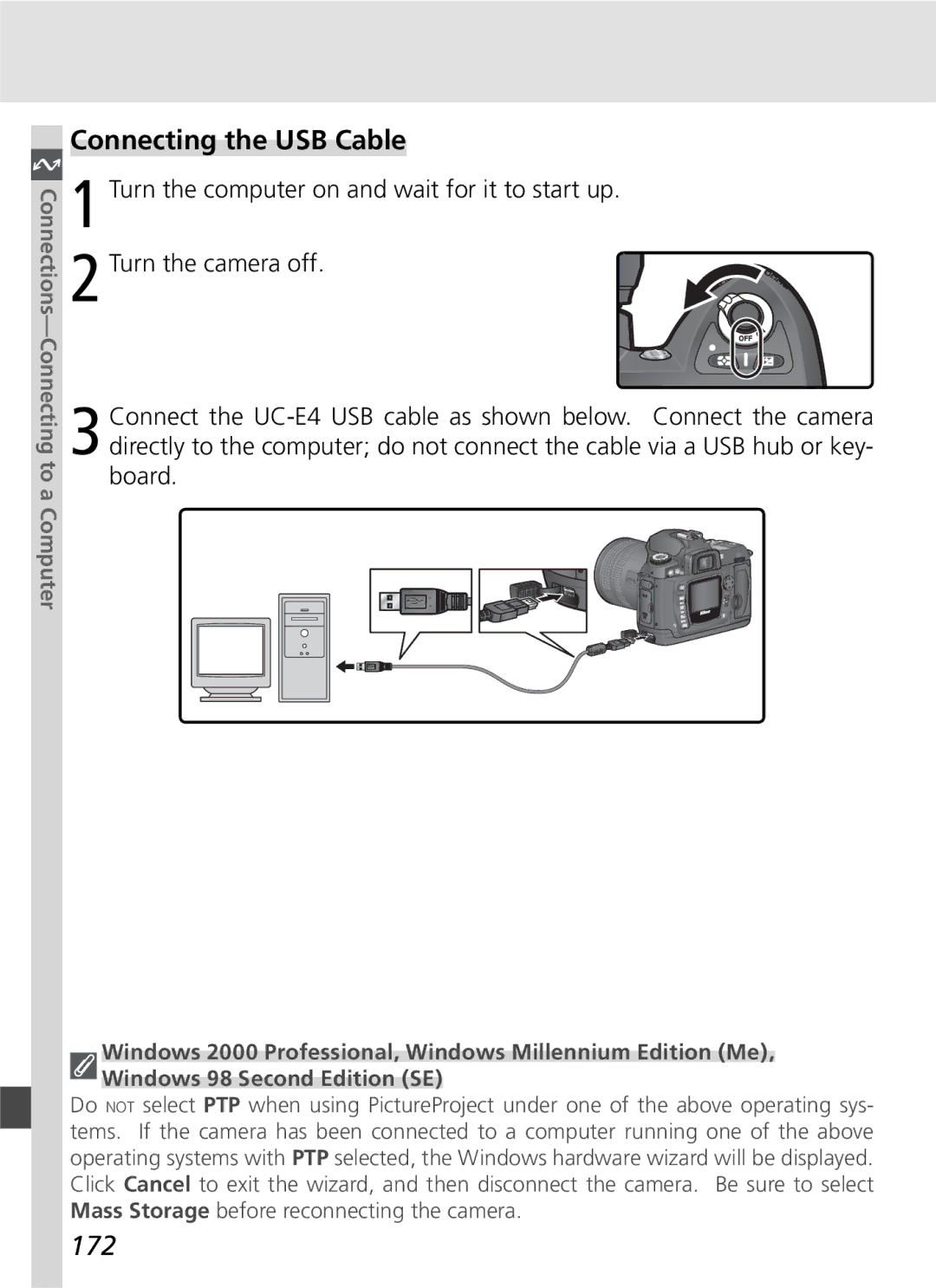 Nikon D70SBODY manual Connecting the USB Cable, 172 