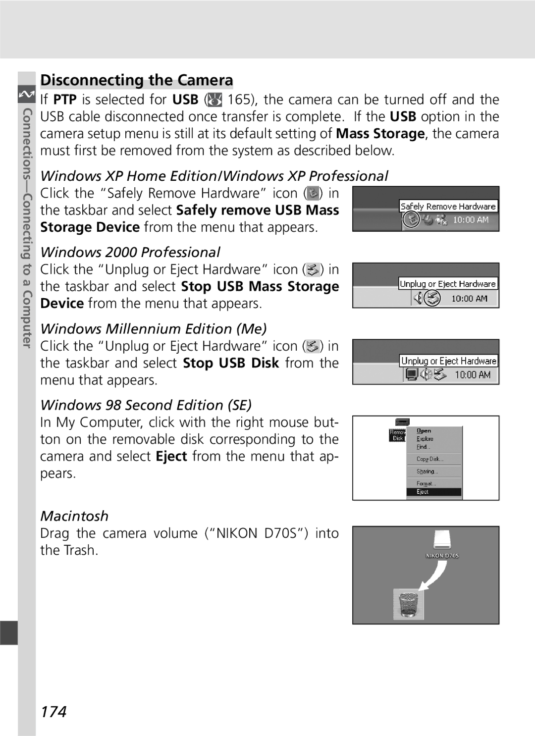 Nikon D70SBODY manual Disconnecting the Camera, 174 