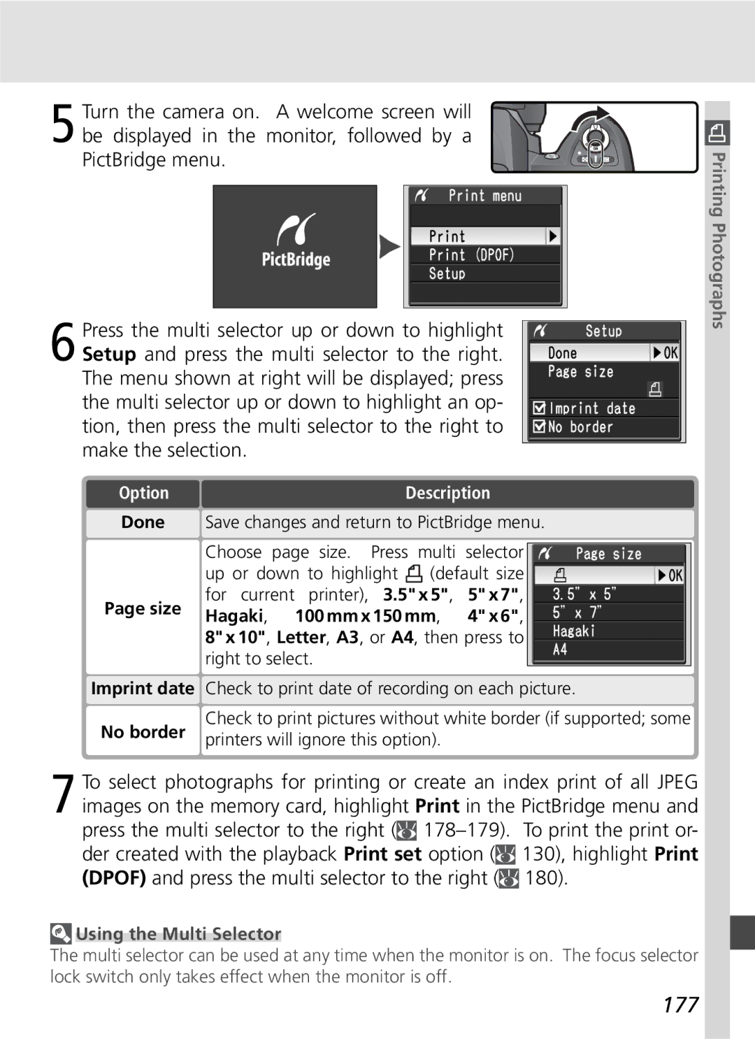 Nikon D70SBODY manual 177, Printer, 3.5 x 5 , 5 x Hagaki, No border 