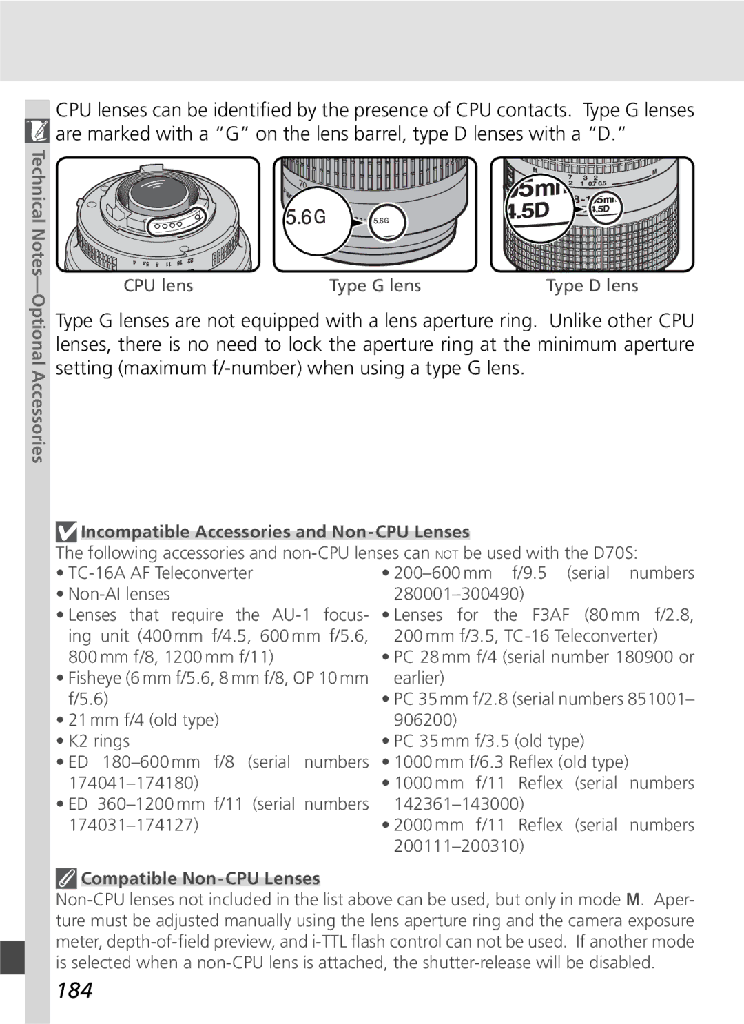 Nikon D70SBODY manual 184, Incompatible Accessories and Non-CPU Lenses, Compatible Non-CPU Lenses 