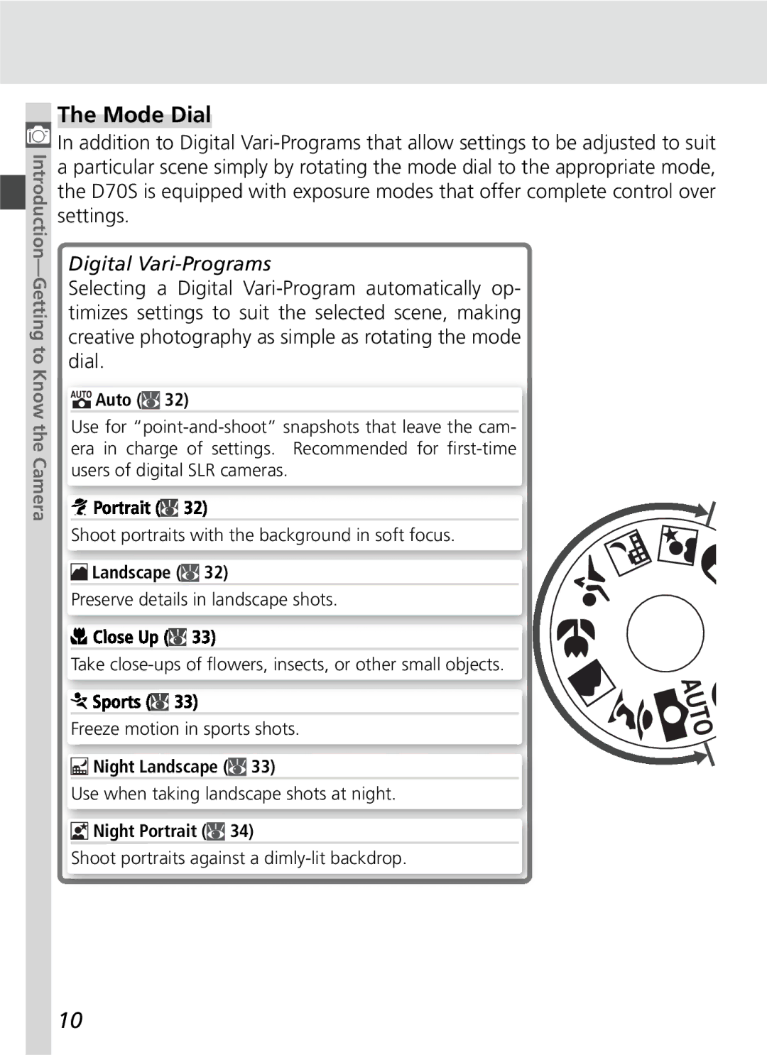 Nikon D70SBODY manual Mode Dial, Digital Vari-Programs 